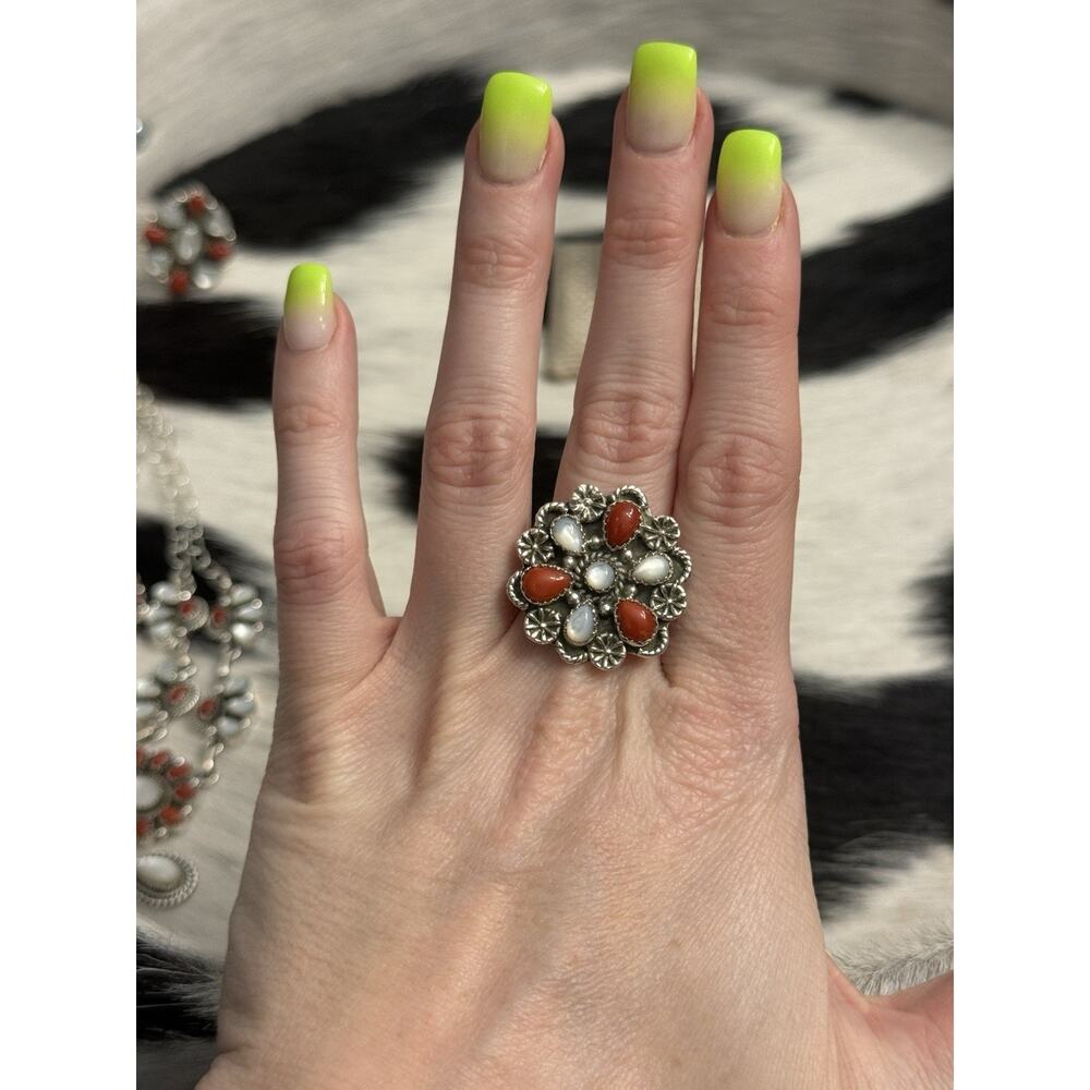 Native American Sterling Silver Red Coral Mother Pearl Cluster Flower Ring Adjst